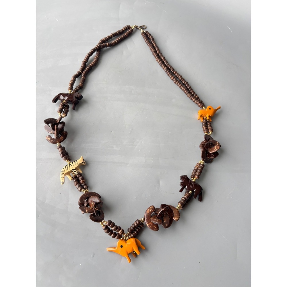 Vintage Safari Animal Carved Coconut Bead Necklace Elephant Zebra Rhino Boho 28"